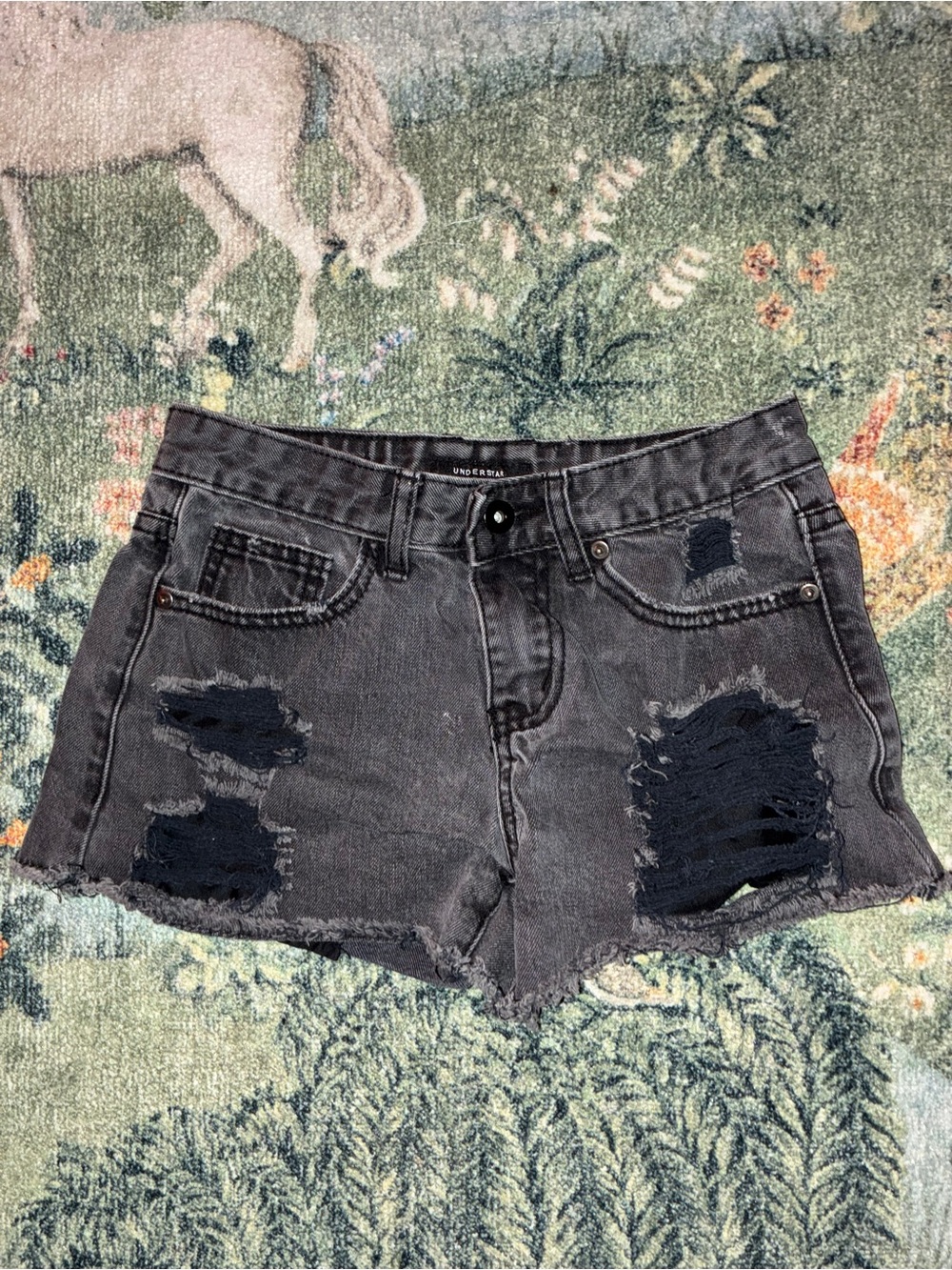 Understar Deluxe Women’s XS Distressed Denim Shorts Black Ripped Frayed Hem